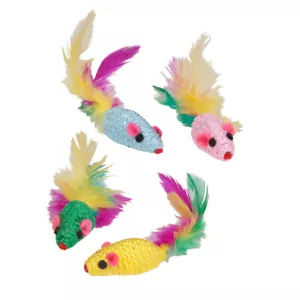 Ratón de ruido de plumas para ratones gato juguetes colorido relleno de hierba gatera de 4" paquete de 4 - Imagen 1 de 3