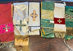 Lot Of 6 Beautiful Vintage Priest Stole Vestment Silk Brocade Different Lengths - Picture 1 of 24