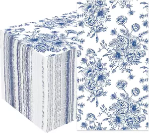 50 Pack Blue Floral Paper Napkins - 3 Ply Blue Floral Decorative Hand Towels - Picture 1 of 12