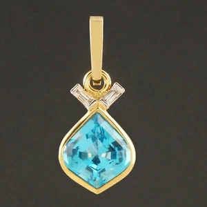 Modernist Solid 14K Gold Blue Topaz & Diamond Enhancer Pendant Convertible Pin - Picture 1 of 9