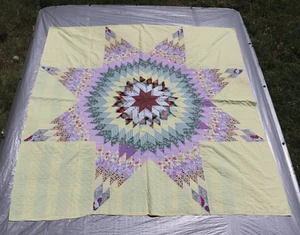 Vintage handgenäht Lone Star Quilt Starburst Patchwork gelb lavendel 81 x 83 - Bild 1 von 19