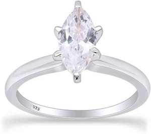 Sterling Silver Marquise Cut Cubic Zirconia Solitaire Engagement Ring For Womens - Picture 1 of 11