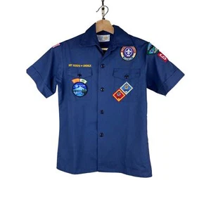 Boy Scouts of America Youth Size M Blue Button Up Uniform Shirt with Patches - Picture 1 of 7