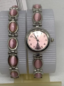 Vintage JJ Fashion Watch Pink Round Cats Eye Stones And Bracelet Silver Tone - Picture 1 of 16