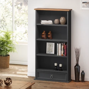 Corona DVD Rack Charcoal Wax Bookcase 1 Drawer Solid Pine by Mercers Furniture® - Picture 1 of 4