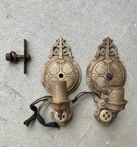 Pair Art Deco Cast Iron Ornate Single  Arm Wall Sconces Needs TLC And Wiring Cover