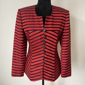 Louis Feraud Red Black Striped Fitted Cotton Button Front Jacket EUC Size 10 - Picture 1 of 12