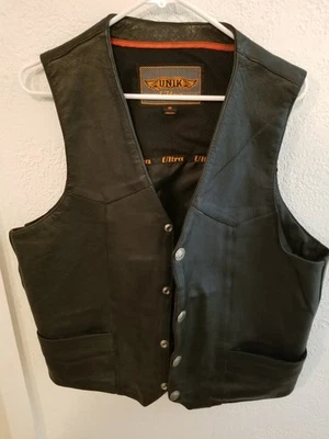 Vintage UNIK Ultra Leather Vest Mens Black 44 Buffalo Nickel Snaps - Image 1 of 4