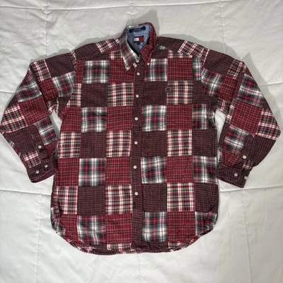 Tommy Hilfiger Shirt Mens L Red Plaid Patchwork Button Up Long Sleeve 90s VTG - Image 1 of 4