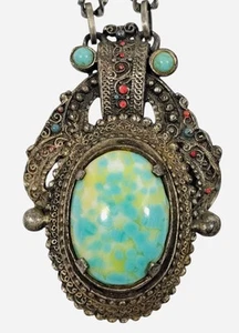 Antique Renaissance Medieval Revival Art Deco Necklace w/ Turquoise Glass - Picture 1 of 11