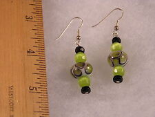 Green Ivory Circles Dots Handmade Lampwork Glass Bead Earrings  ET13