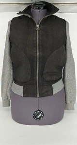 NSF Womens Full Sleeve Lamb Leather Black Grey Bomber Jacket Size Small - Picture 1 of 9