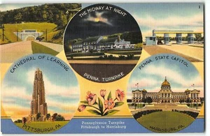 Postal de lino de la autopista de peaje de Pensilvania de los años 40 - vista múltiple, catedral del aprendizaje - Imagen 1 de 2