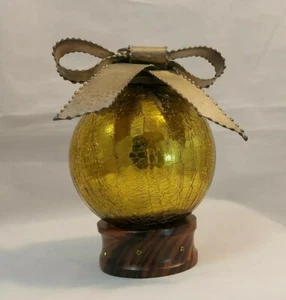Quecksilber Glas Kugel Gold Crackle Lg 4" Durchmesser Weihnachtsschmuck Metall Schleife Kappe - Bild 1 von 10