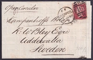 1866 1d Red SG43 Pl 93 NJ on Printed Prices Liverpool Cotton to Uddewalla Sweden - Picture 1 of 2