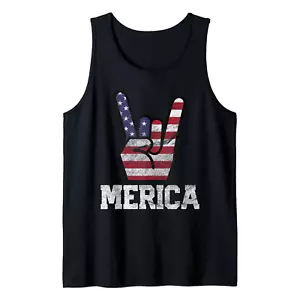 Merica Rock Sign 4th of July Vintage American Flag Retro USA Tank Top - Picture 1 of 11