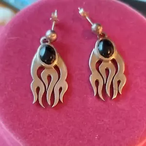 Orecchini vintage argento sterling .925 e onice nera 1 1/2" con fondelli 925 firmati WC - Foto 1 di 6