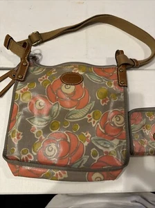Fossil Flower Crossbody Tote Bag Square Purse Coated Canvas With Little Bag - Picture 1 of 16