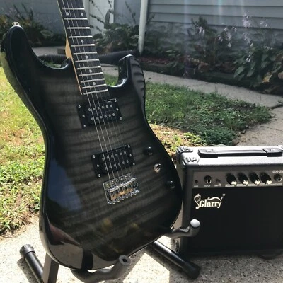 Black Electric Guitar Starter Package with Flamed Veneer Top 20-Watt Amp & More - Image 1 of 4