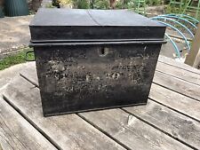 Vintage Black Metal Deeds Box Trunk Chest With Lock and Key