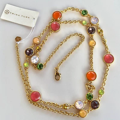 Raro Colar Trina Turco Declaração Longa Verde Pêssego Roxo Strass Amostra 36 - Imagem 1 de 4