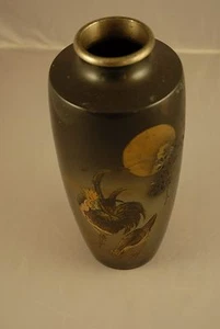 Tall Japanese Bronze Vase with Silver Inlay - Picture 1 of 7
