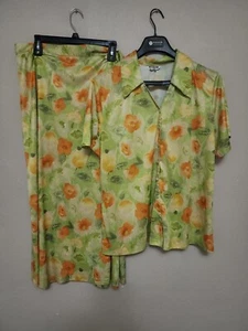 Vintage 70er 80er gelb Blumendruck Knopf Bluse Hemd Rock Set Arc en Ciel 2x 3x - Bild 1 von 14