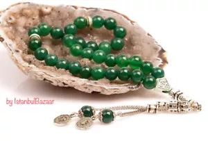 VERA PIETRA AGATA VERDE PREGHIERA ISLAMICA 33 perline Tasbih Misbaha rosario Tasbeeh 8 mm - Foto 1 di 2