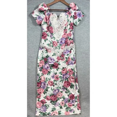 Vestido Scott McClintock Vintage Años 80 Para Mujer 16 Floral Encaje Midi Hombro Descubierto Foto 1 de 4