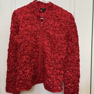 MSK Red Satin Sequence Zip Front Ruched Long Sleeve Jacket Med New - Picture 1 of 6