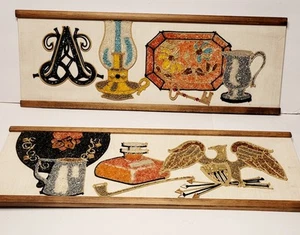 Pair Mid Century Gravel Wall Art Colonial Study & Provincial Setting 9"x24" - Picture 1 of 13
