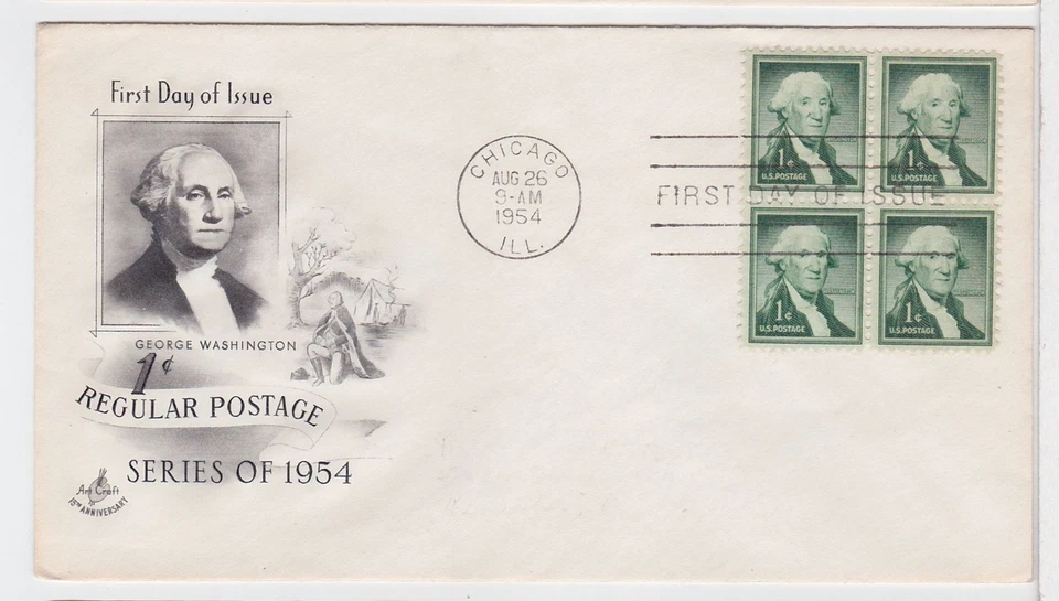 TurtlesTradingPost - George Washington 1 Cent #1031 - 1954 FDC Artcraft Block - Image 1 of 1