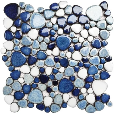 Azulejos de pared de mosaico de baño con guijarros para piso de ducha azul (5 hojas) Foto 1 de 4
