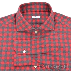 KITON Red Plaid Check Light Flannel Cotton Mens Luxury Dress Shirt - 17 - Picture 1 of 7