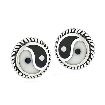 Round Black and White Yin and Yang Symbol 925 Sterling Silver Post Stud Earrings - Image 1 of 2