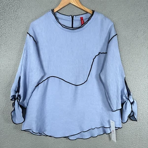 IC by Connie K Top Womens Large Blue Textured Contrast Trim Tie Detail sleeves - Picture 1 of 14