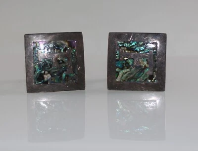 Gemelos vintage Rancho Alegre Taxco México con incrustación de abulón esterlina inicial F Foto 1 de 4