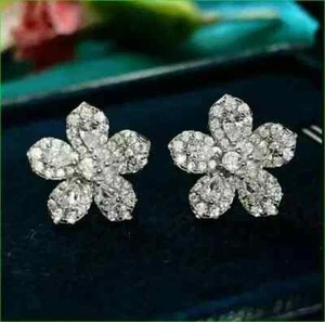 2.22Ct Round Lab Created Women Cluster Flower Stud Earring 14k White Gold Plated - Picture 1 of 5