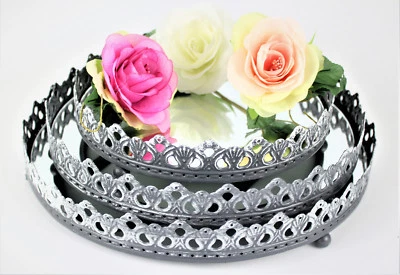 Wandspiegel Tablett Dekoration Runder Spiegel mit Kronenrand Tischspiegel Grau - Bild 1 von 4