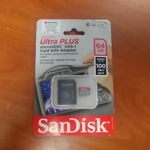 NEW SANDISK ULTRA PLUS MICROSDXC UHS-I CARD W/ ADAPTER SDSQUSC-064G-APCIA 64GB - Picture 1 of 3