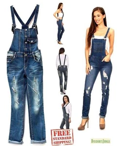 women's Destroyed Romper Blue Denim Jeans Jumpsuit Distressed Overall - Picture 1 of 32