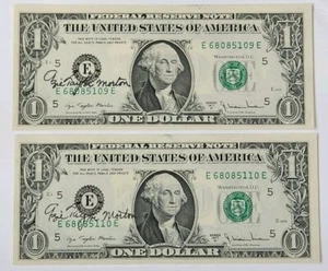 (2) 1977 $1 Federal Reserve Notes Agie Taylor Morton Hand Signed Signature UNC - Picture 1 of 2
