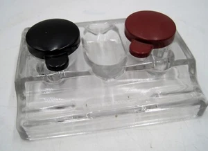 Antique JH & Co Heavy Glass Desktop Double Inkwell W/Bakelite Lids - Picture 1 of 5