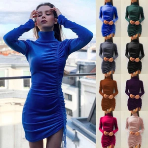 UK Ladies Velvet Ruched Mini Dress Bodycon High Neck Party Drawstrings Plus Size - Picture 1 of 56