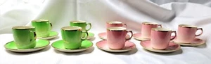 VINTAGE SET OF NINE CROWN LYNN POTTERY DEMITASSE CUPS AND SAUCERS PINK & GREEN - Picture 1 of 10