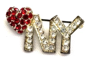 I Love New York Red Rhinestone Heart & Crystal Rhinestone NY Brooch - Picture 1 of 3