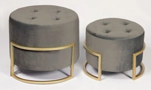 Premium OTM-L2-VELVET BU SETS OF 2 Ottomans with gold bases-Charcoal Grey - Picture 1 of 19
