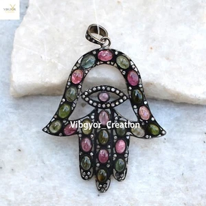 Multi Tourmaline  Hamsa Pendant Pave Diamond Jewelry 925 Sterling Silver Gift - Picture 1 of 4