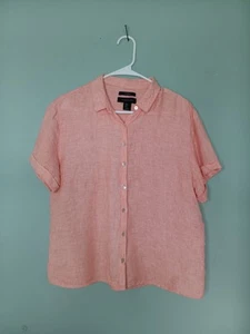 Top Tahari para mujer pequeño 100 % lino manga corta coral melocotón abotonado - Imagen 1 de 9