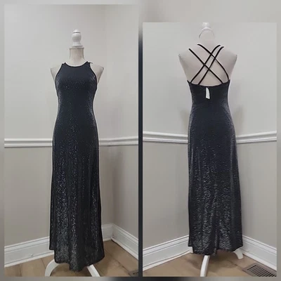 Vestido formal vintage Y2K negro brillante con abertura ajustada con tiras 5*7*9 nuevo con etiquetas  Foto 1 de 4